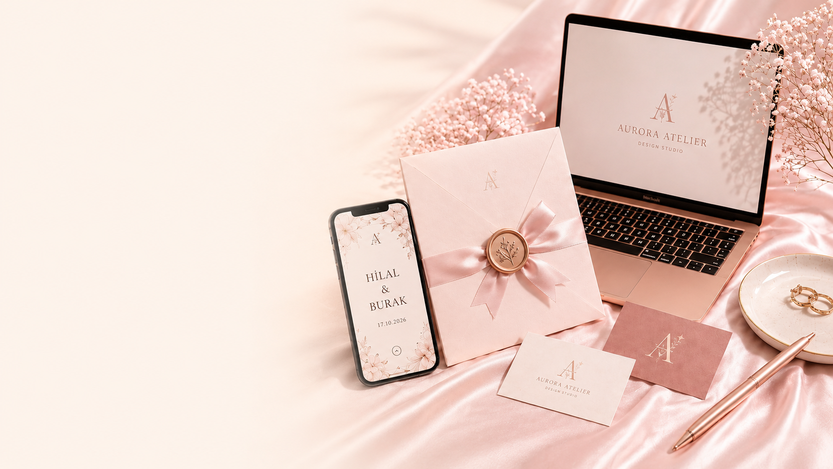 Aurora Atelier davetiye, marka kimliği ve web tasarım stüdyo sahnesi